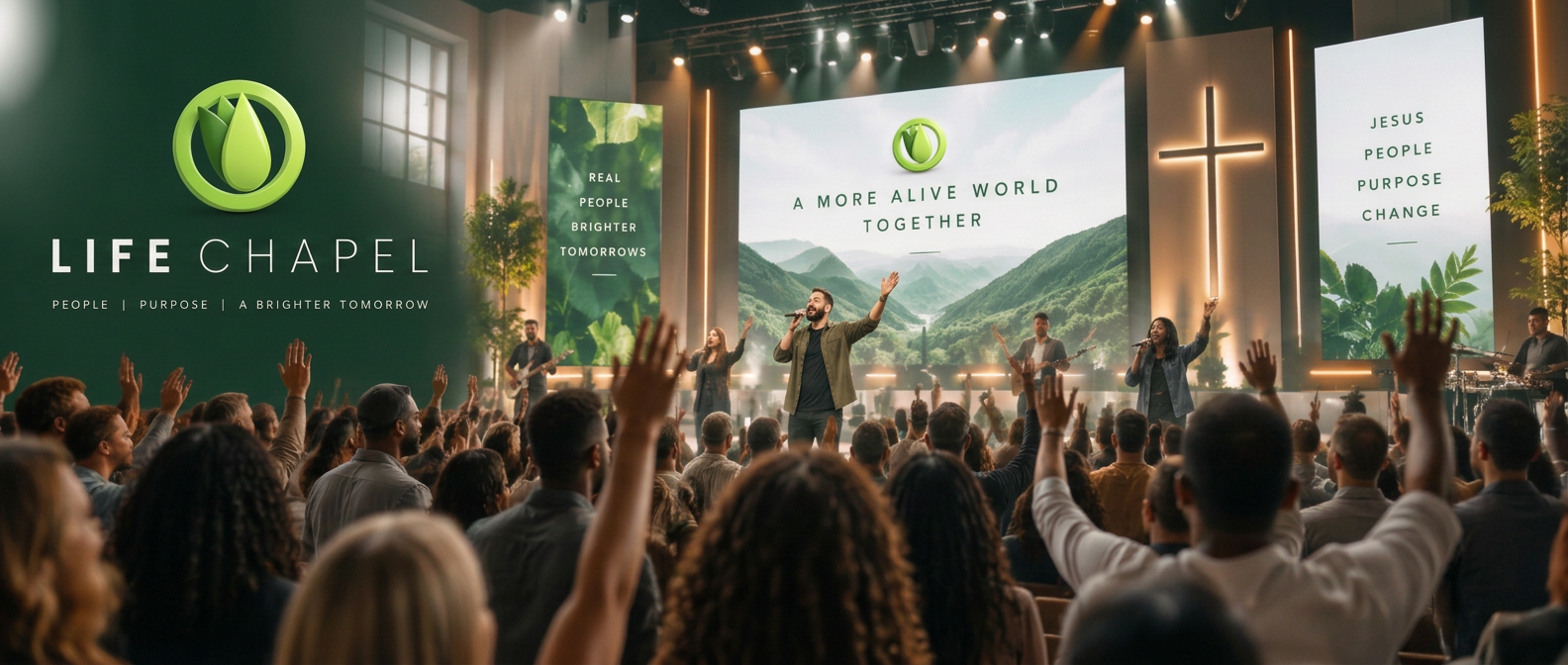 Life Chapel worship service with congregation and praise team